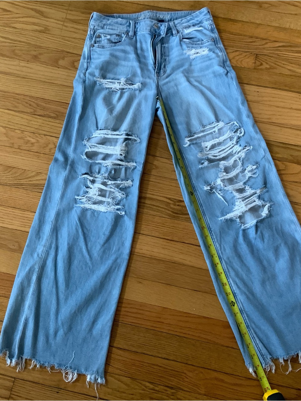 American Eagle Regular Length Blue Distressed Wide-Leg Jeans - Women